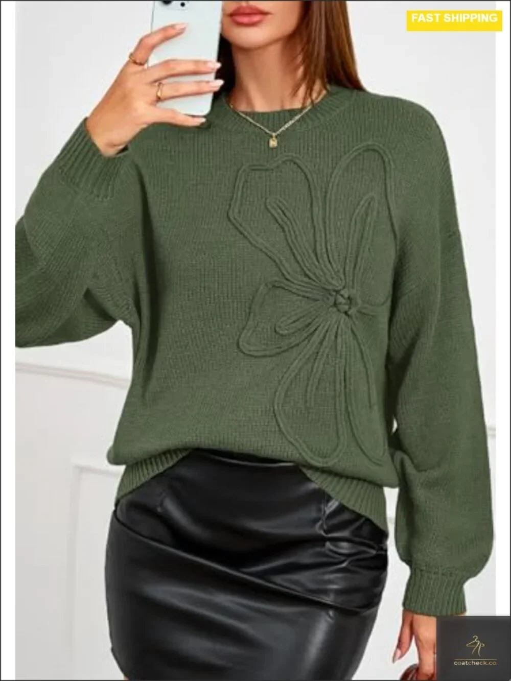 Oversized Floral Knit Pullover Sweater Long Lantern Sleeve Crewneck